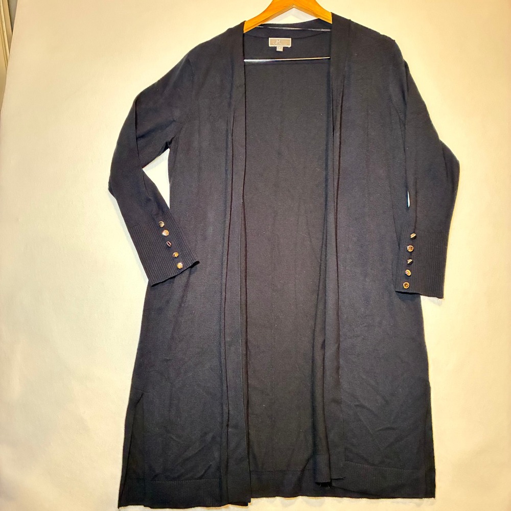 JM Collection Cardigan Womens M Black Open Front Gold Button Longline Ribbed